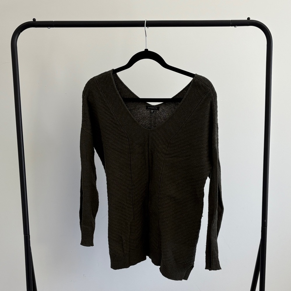 Dark Green Knit V-Neck Sweater